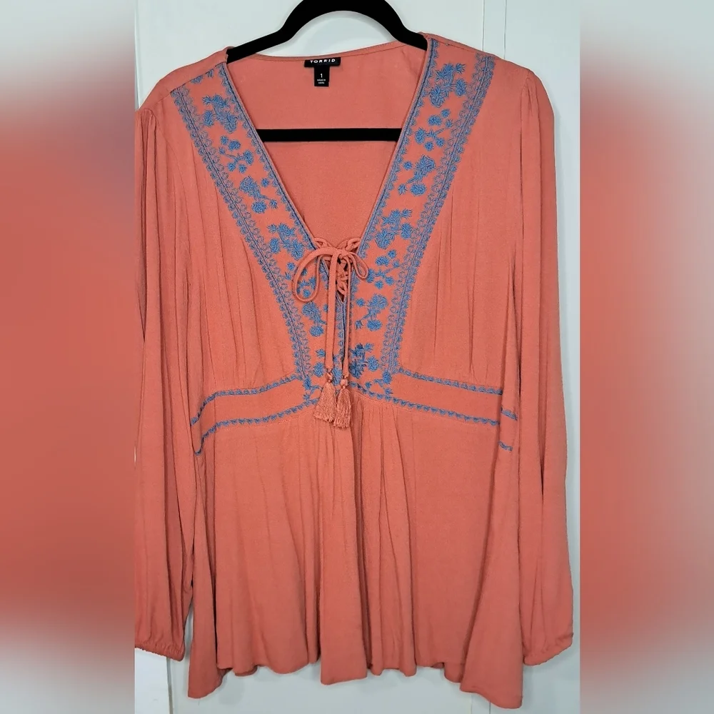 Burnt Orange Babydoll Gauze Lace Up Shirt with Embroidered, Crocheted Accents - Picture 5 of 10